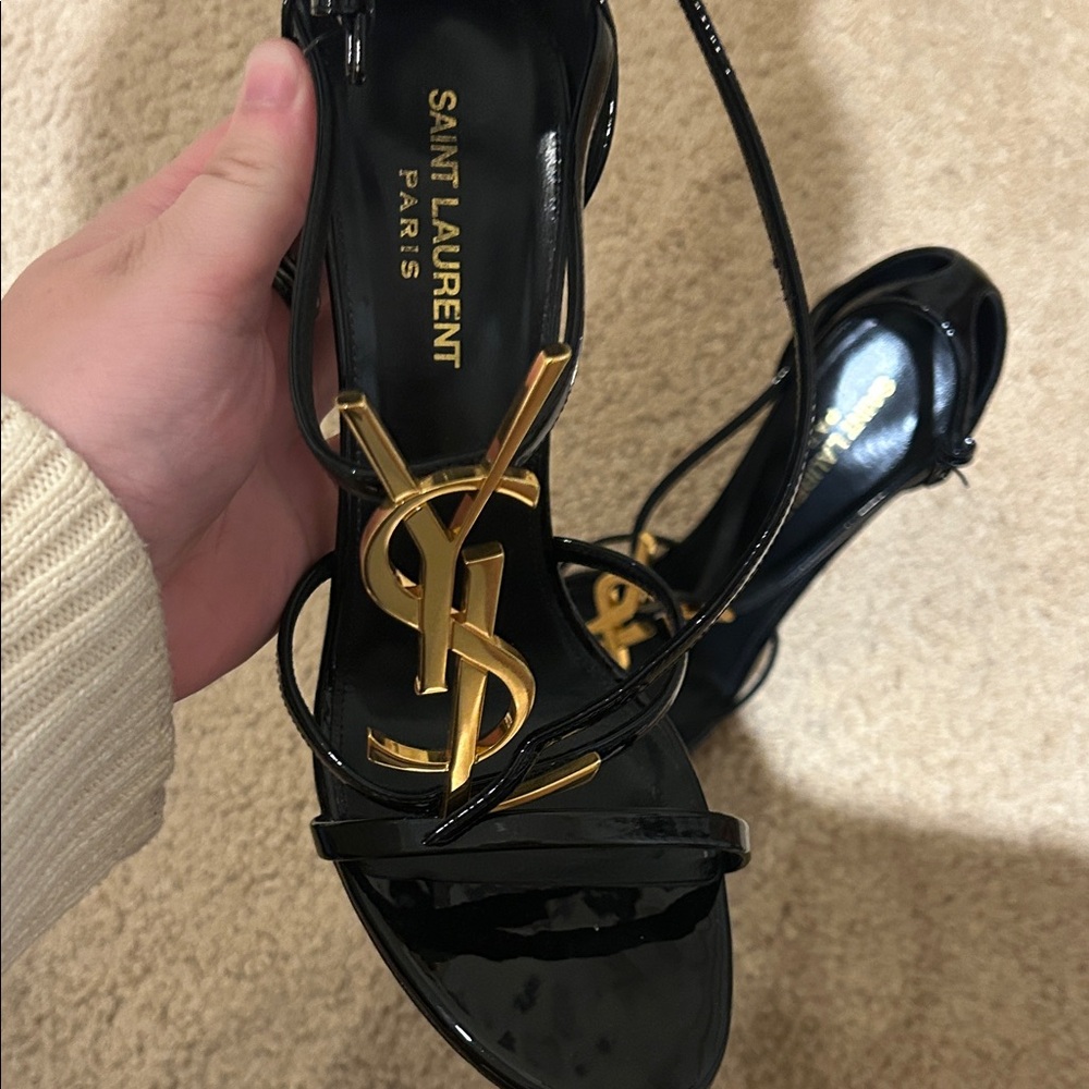 Saint Laurent Glossy Black Heels with Gold Detail - Picture 2 of 5